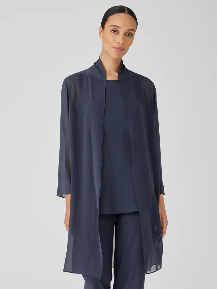Jackets Coats and Vests Women Eileen Fisher Sheer Silk Georgette High Collar Jacket Ocean Jackets Coats and Vests Women Eileen Fisher Sheer Silk Georgette High Collar Jacket Ocean