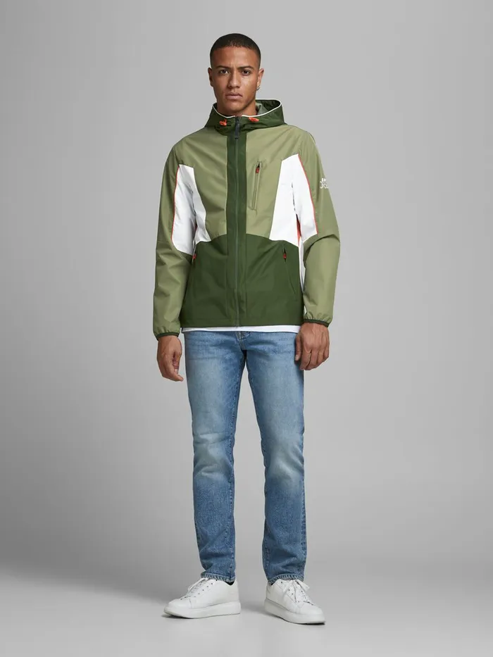 Jackets JACK and JONES Mens HOODED COLOUR BLOCK LIGHTWEIGHT JACKET Green Deep Lichen Green