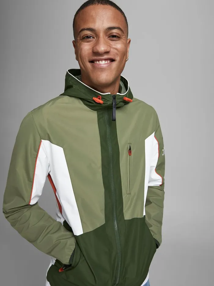 Jackets JACK and JONES Mens HOODED COLOUR BLOCK LIGHTWEIGHT JACKET Green Deep Lichen Green