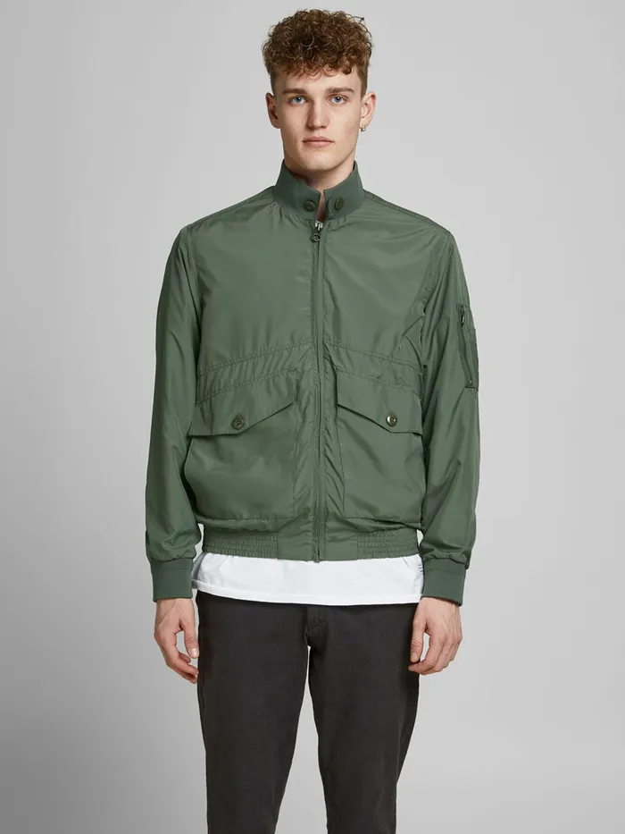 Jackets JACK and JONES Mens STAND COLLAR FLIGHT LIGHTWEIGHT JACKET Green Beetle Jackets JACK and JONES Mens STAND COLLAR FLIGHT LIGHTWEIGHT JACKET Green Beetle