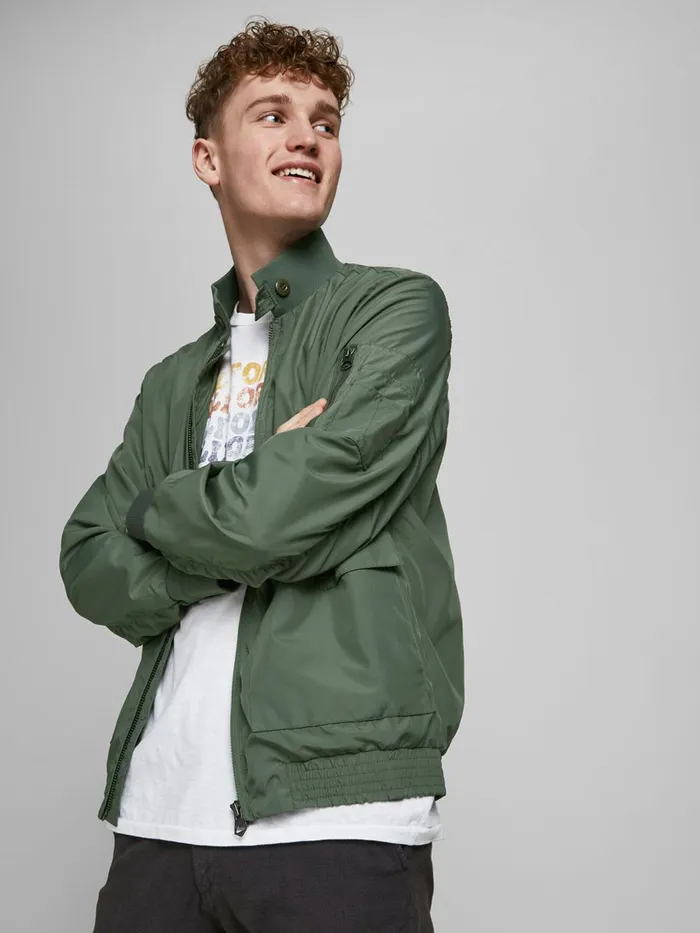 Jackets JACK and JONES Mens STAND COLLAR FLIGHT LIGHTWEIGHT JACKET Green Beetle