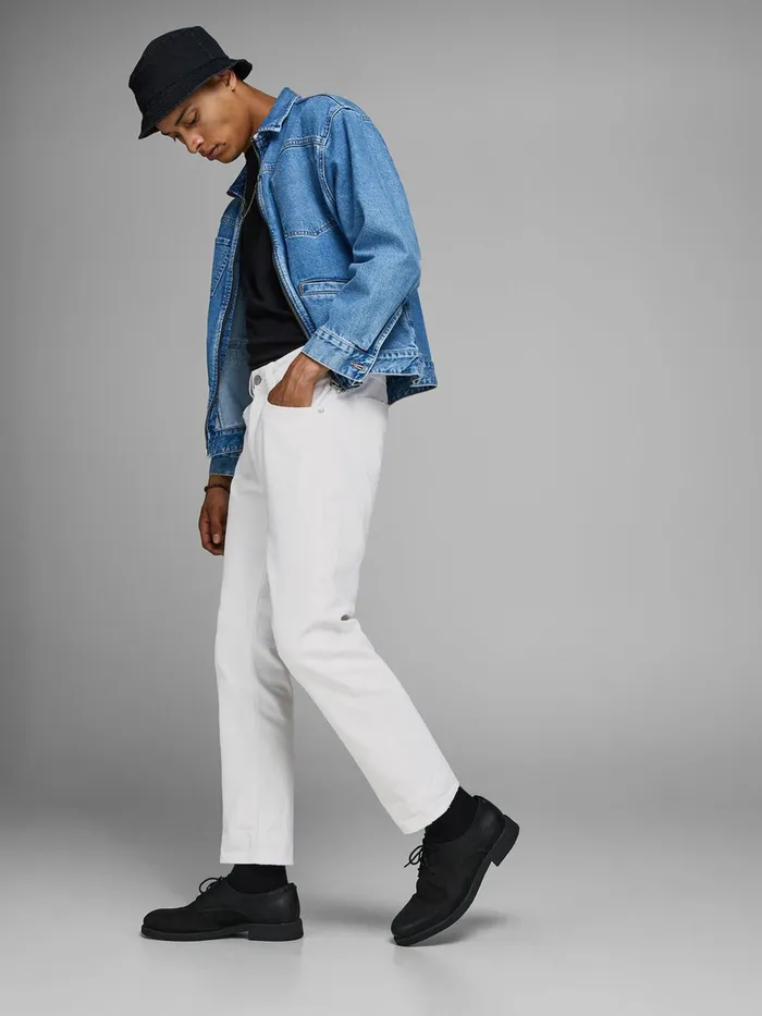 Jeans JACK and JONES Mens FRANK LEEN CJ 454 TAPERED FIT JEANS White White Denim