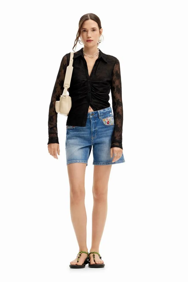 Jeans Women Desigual Embroidered Denim Shorts Blue