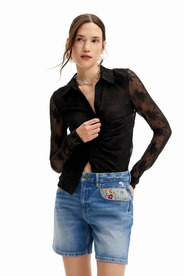 Jeans Women Desigual Embroidered Denim Shorts Blue