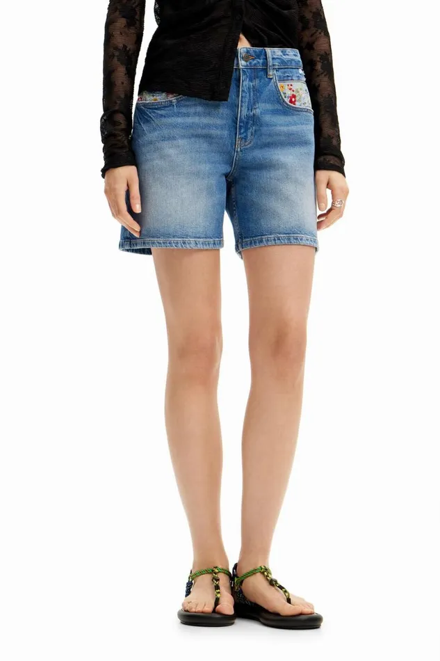 Jeans Women Desigual Embroidered Denim Shorts Blue