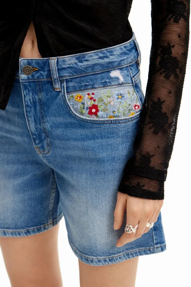 Jeans Women Desigual Embroidered Denim Shorts Blue
