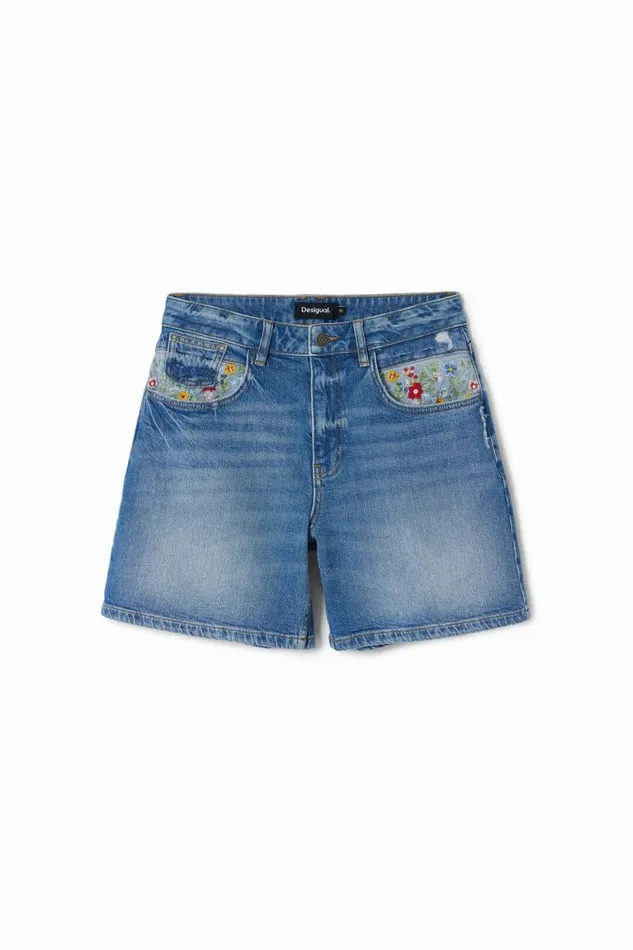 Jeans Women Desigual Embroidered Denim Shorts Blue