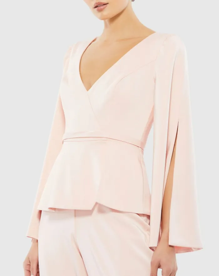 Jumpsuits and Rompers Mac Duggal Women Long Sleeve Two Piece Crepe Pant Suit Pink