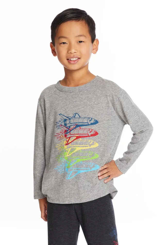 Kids Chaser Brand Boys Rocketships Boys Long Sleeve Crew Neck Tee