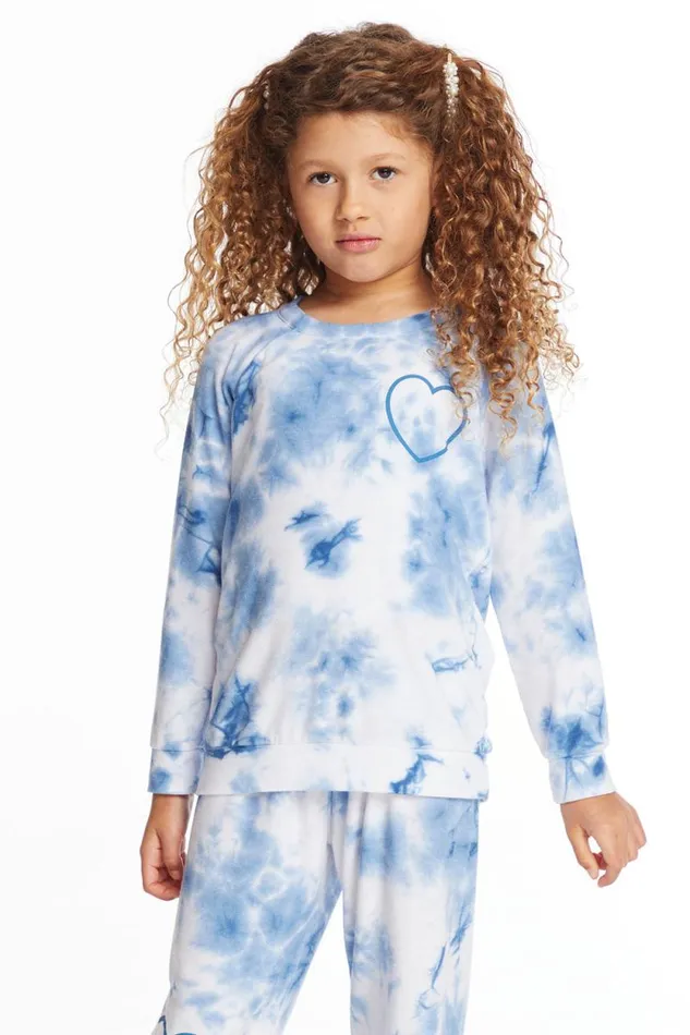 Kids Chaser Brand Girls Denim Tie Dye Heart Girls Cozy Knit Raglan Pullover
