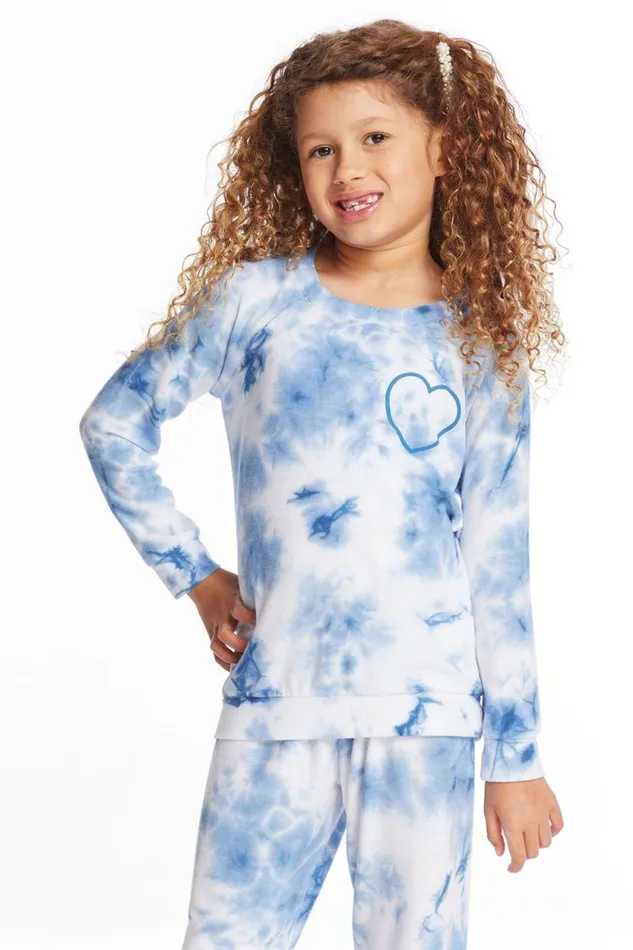 Kids Chaser Brand Girls Denim Tie Dye Heart Girls Cozy Knit Raglan Pullover