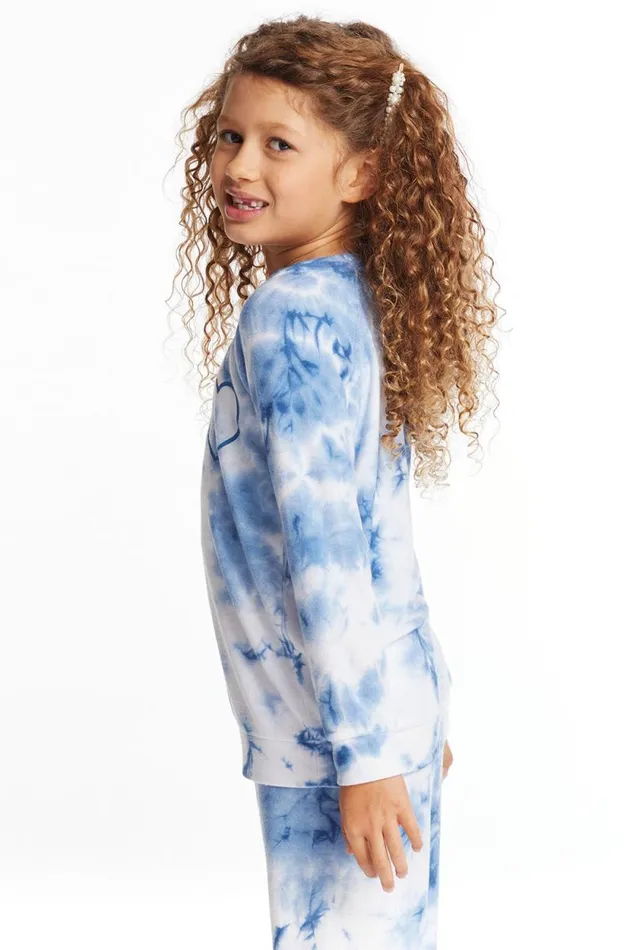 Kids Chaser Brand Girls Denim Tie Dye Heart Girls Cozy Knit Raglan Pullover