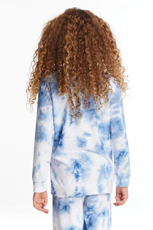 Kids Chaser Brand Girls Denim Tie Dye Heart Girls Cozy Knit Raglan Pullover