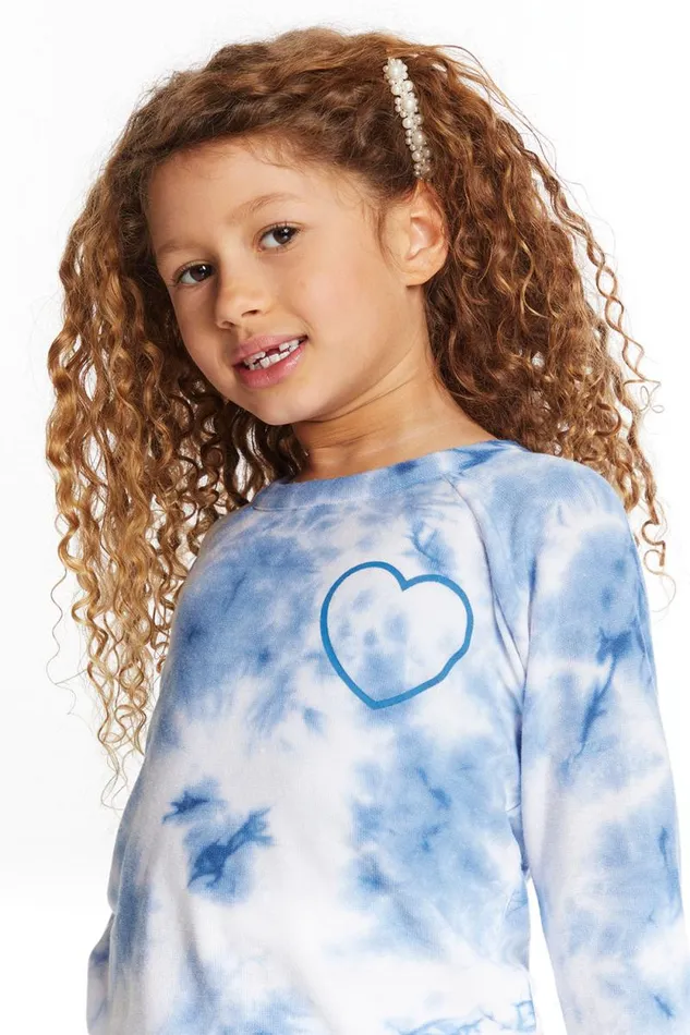 Kids Chaser Brand Girls Denim Tie Dye Heart Girls Cozy Knit Raglan Pullover