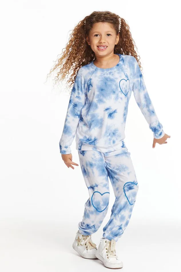 Kids Chaser Brand Girls Denim Tie Dye Heart Girls Cozy Knit Raglan Pullover