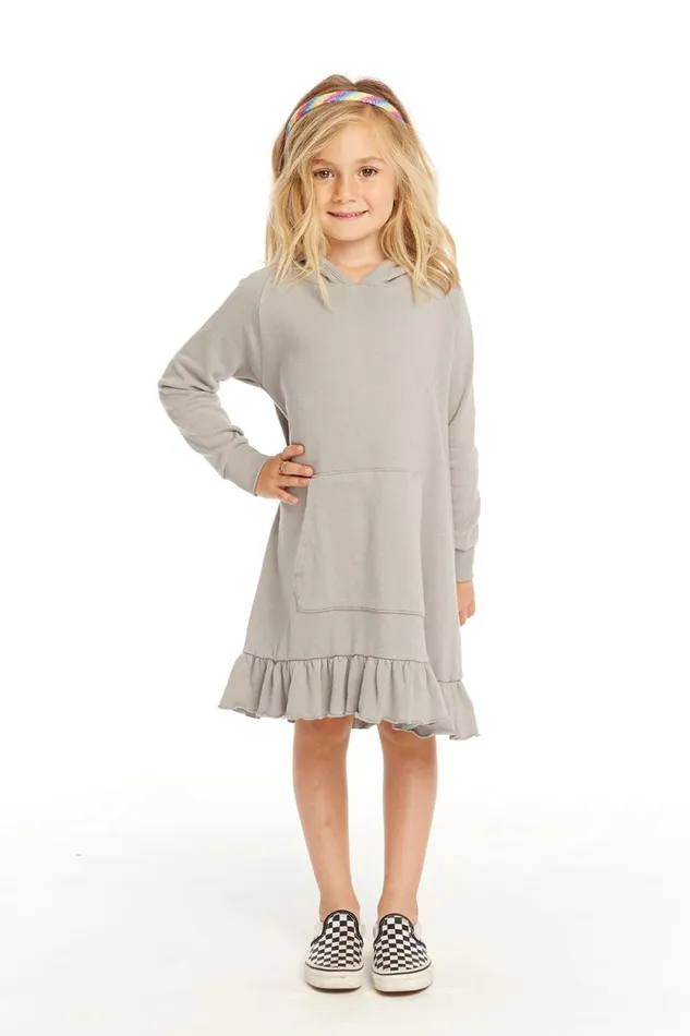 Kids Chaser Brand Girls Long Sleeve Gravel Grey Hooded Ruffle Hem Dress