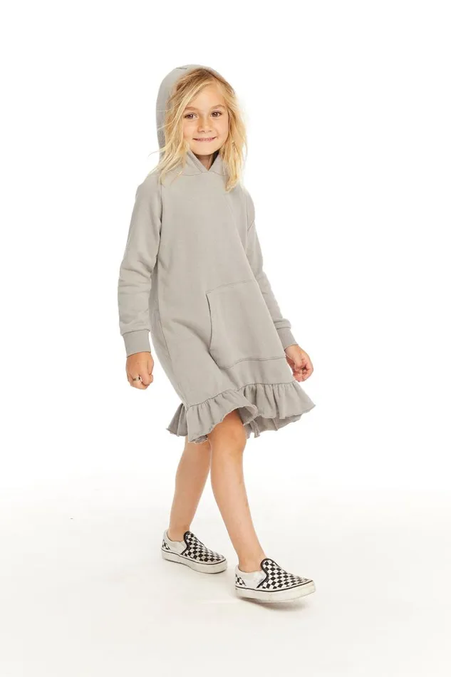 Kids Chaser Brand Girls Long Sleeve Gravel Grey Hooded Ruffle Hem Dress