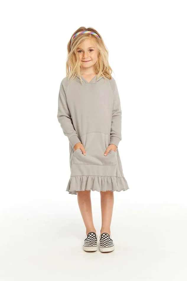 Kids Chaser Brand Girls Long Sleeve Gravel Grey Hooded Ruffle Hem Dress