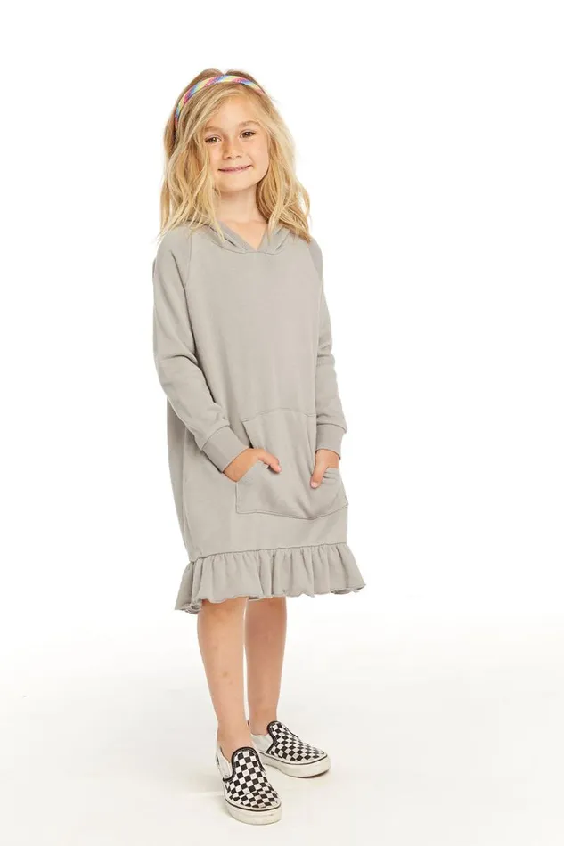 Kids Chaser Brand Girls Long Sleeve Gravel Grey Hooded Ruffle Hem Dress