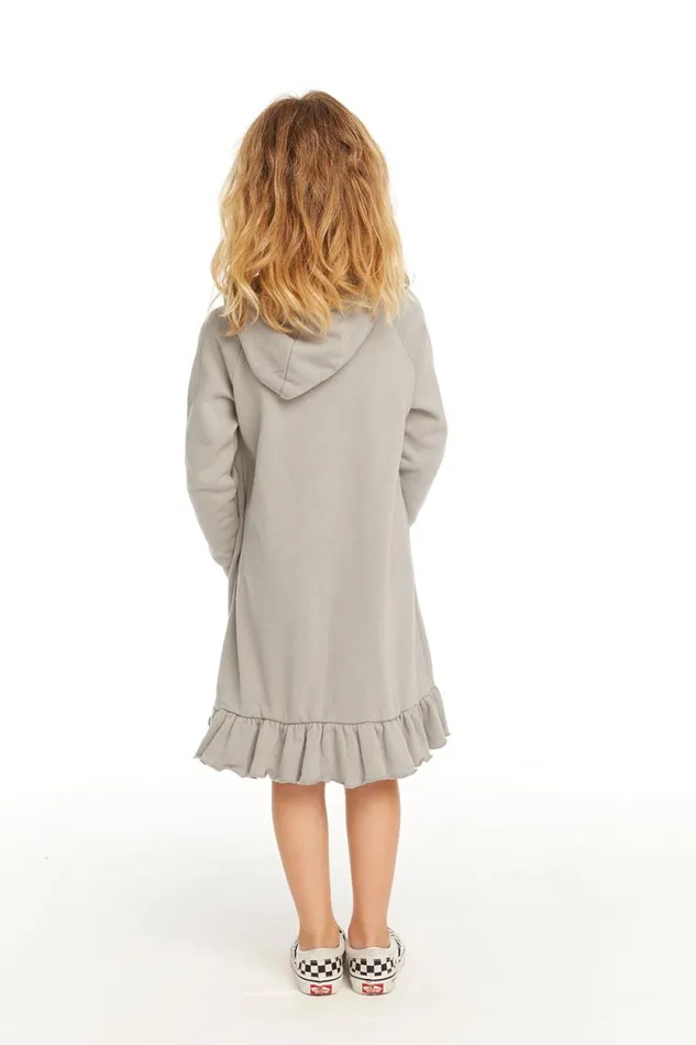 Kids Chaser Brand Girls Long Sleeve Gravel Grey Hooded Ruffle Hem Dress