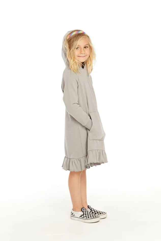 Kids Chaser Brand Girls Long Sleeve Gravel Grey Hooded Ruffle Hem Dress
