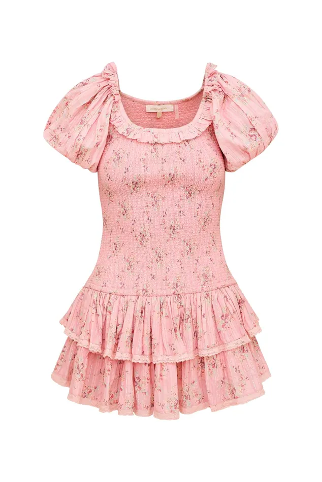 KidsWomen LoveShackFancy Mommy and Me Violet Floral Cotton Smocked Drop Waist Mini Dress Pink Dusk