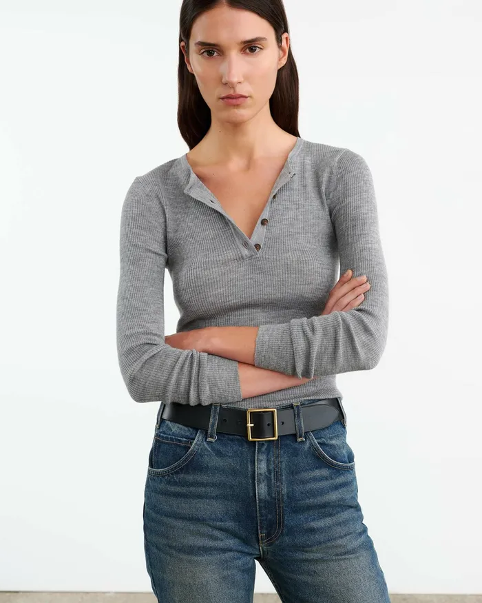 KLARISE HENLEY KNIT Medium Grey Melange Women Nili Lotan Knits and Sweaters
