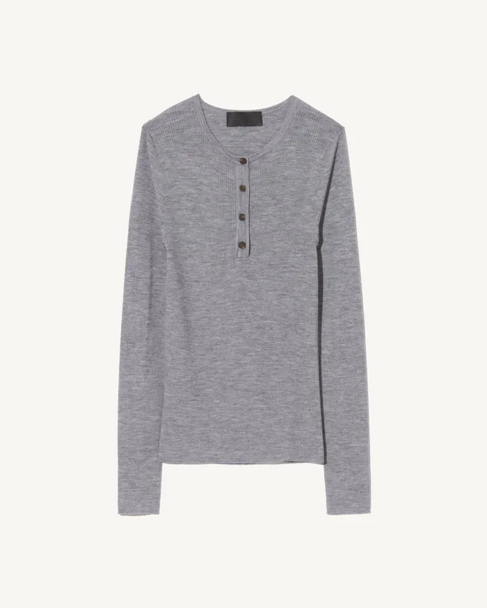 KLARISE HENLEY KNIT Medium Grey Melange Women Nili Lotan Knits and Sweaters