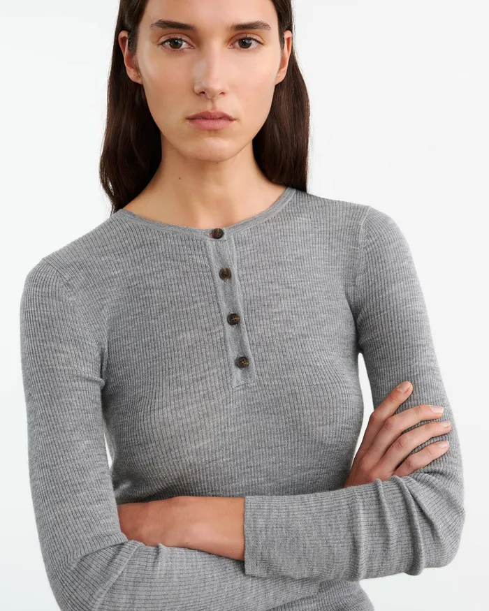 KLARISE HENLEY KNIT Medium Grey Melange Women Nili Lotan Knits and Sweaters