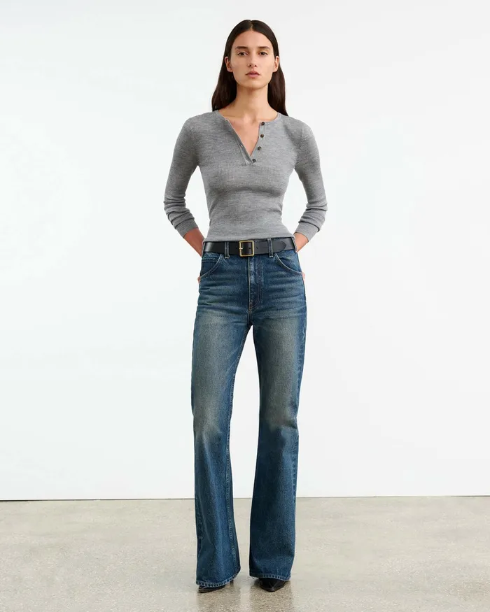 KLARISE HENLEY KNIT Medium Grey Melange Women Nili Lotan Knits and Sweaters