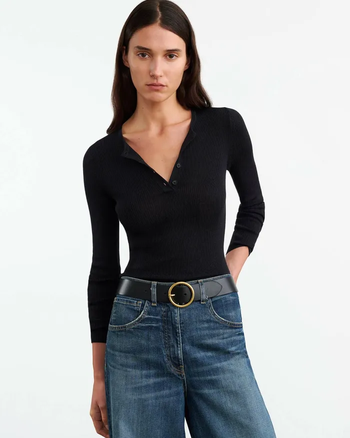 KLARISE HENLEY KNIT Medium Grey Melange Women Nili Lotan Knits and Sweaters