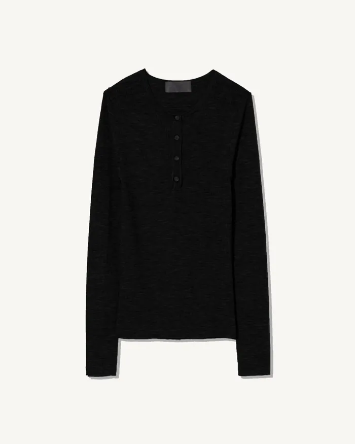 KLARISE HENLEY KNIT Medium Grey Melange Women Nili Lotan Knits and Sweaters