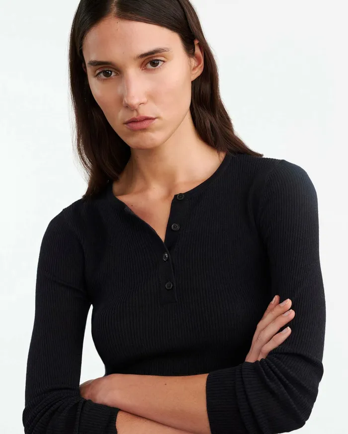 KLARISE HENLEY KNIT Medium Grey Melange Women Nili Lotan Knits and Sweaters