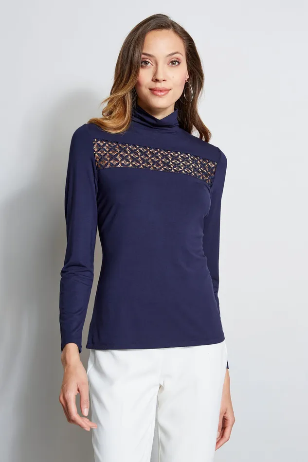 Knits and Sweaters Women Elie Tahari Lace Insert Turtleneck Knit STARGAZER