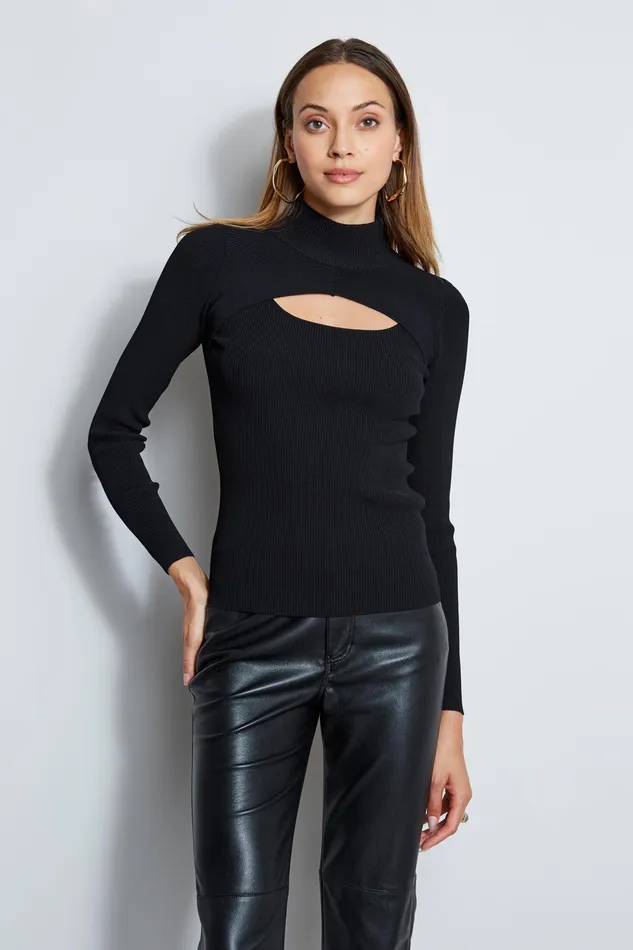 Knits and Sweaters Women Elie Tahari Long Sleeve Mock Neck Keyhole Sweater NOIR Knits and Sweaters Women Elie Tahari Long Sleeve Mock Neck Keyhole Sweater NOIR