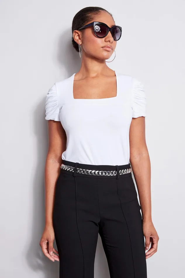 Knits and Sweaters Women Elie Tahari Puff Sleeve Square Neck Knit WHITE