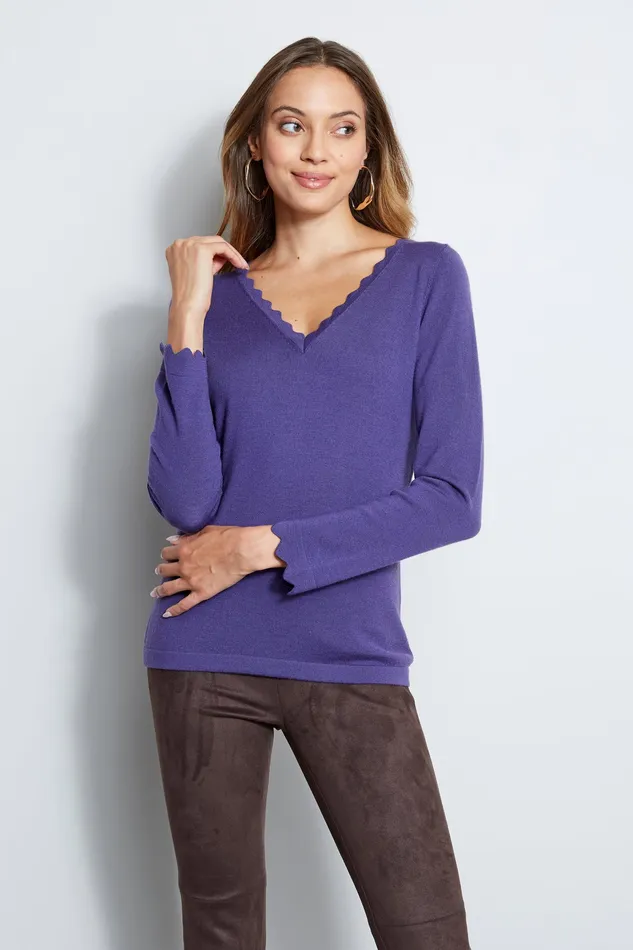 Knits and Sweaters Women Elie Tahari Scallop VNeck Sweater AMETHYST