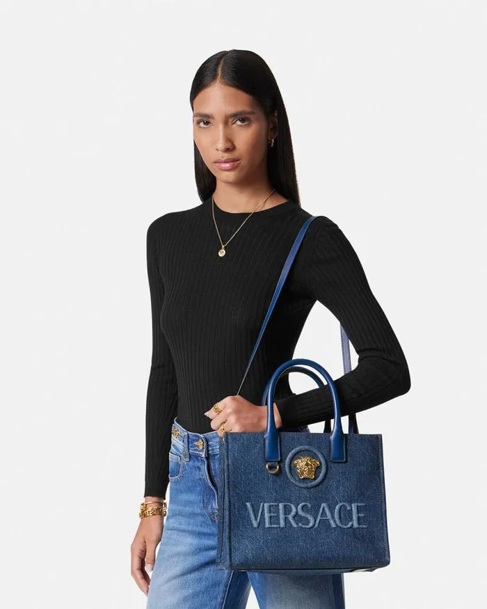 La Medusa Denim Small Tote Bag Blue Women Versace Totes