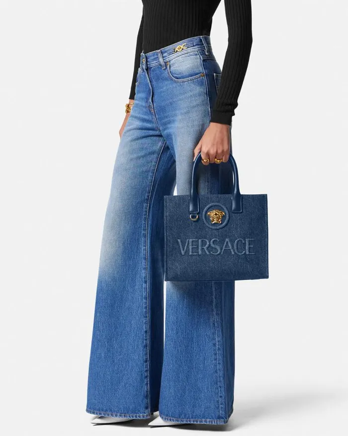 La Medusa Denim Small Tote Bag Blue Women Versace Totes