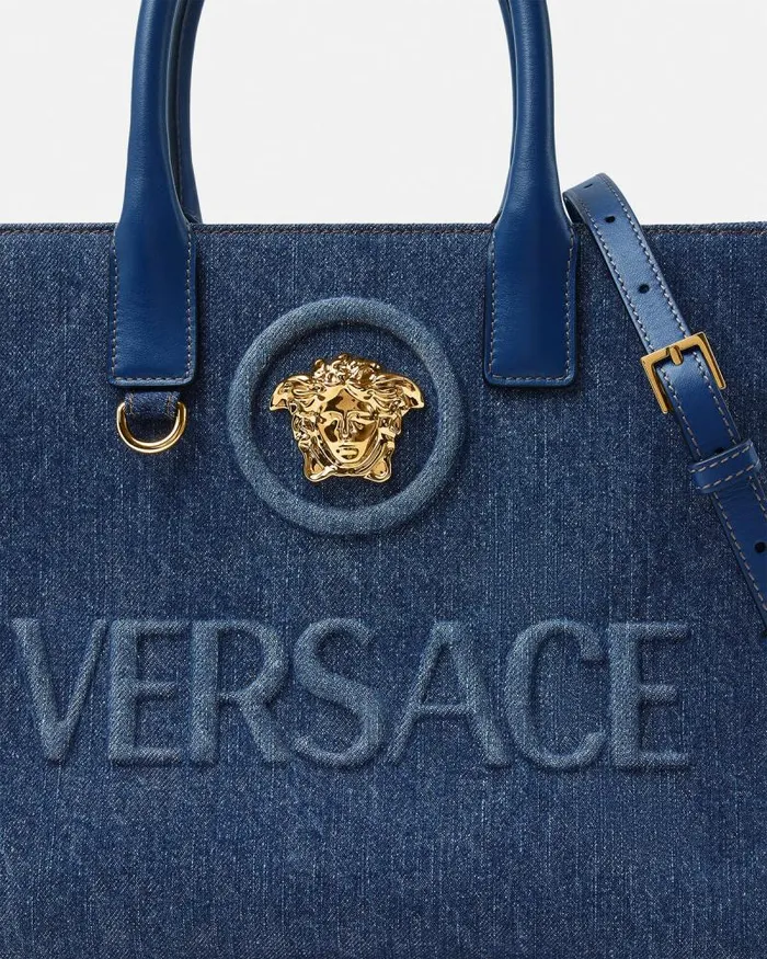 La Medusa Denim Small Tote Bag Blue Women Versace Totes