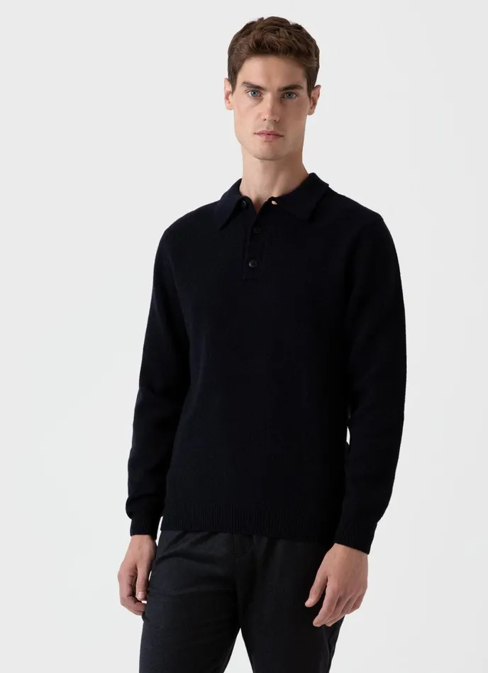 Lambswool Polo Shirt Dark Navy Mouline Men SUNSPEL Polo Shirts
