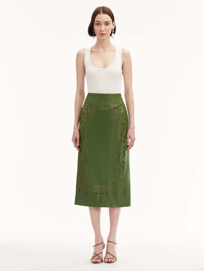 Laser Cut Floral Leather Pencil Skirt Fern Women Oscar De La Renta Pants and Skirts