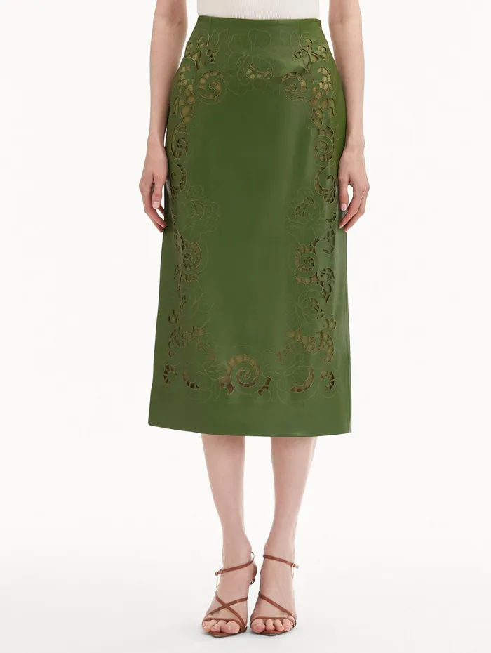 Laser Cut Floral Leather Pencil Skirt Fern Women Oscar De La Renta Pants and Skirts