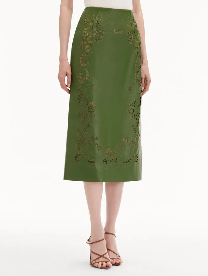 Laser Cut Floral Leather Pencil Skirt Fern Women Oscar De La Renta Pants and Skirts