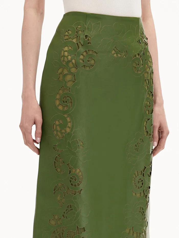 Laser Cut Floral Leather Pencil Skirt Fern Women Oscar De La Renta Pants and Skirts