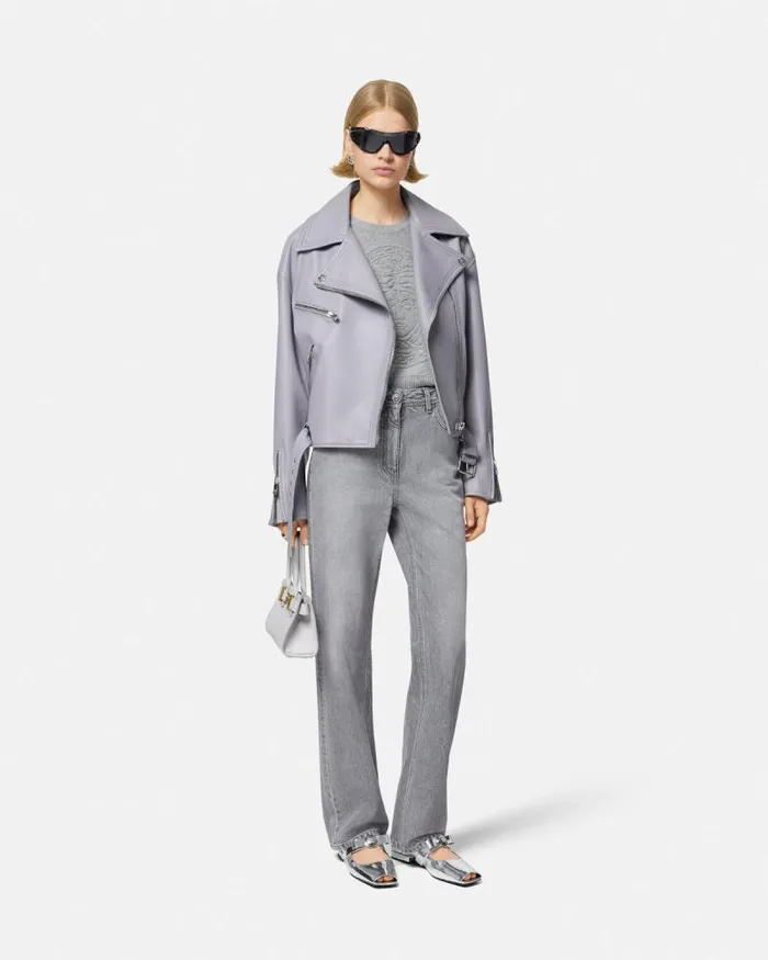 Leather Biker Jacket Gray Women Versace Outerwear and Coats
