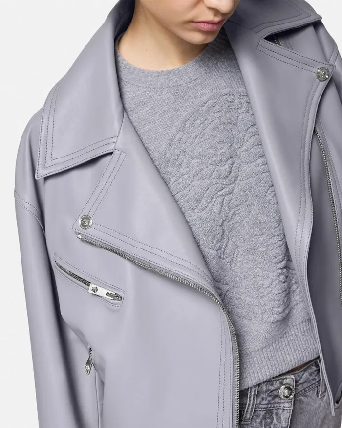Leather Biker Jacket Gray Women Versace Outerwear and Coats
