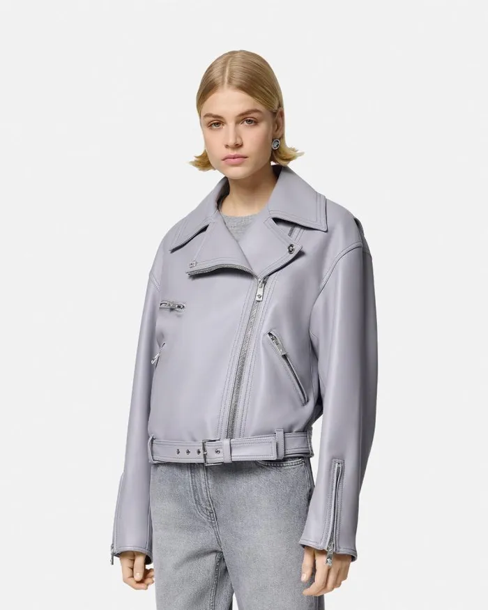 Leather Biker Jacket Gray Women Versace Outerwear and Coats