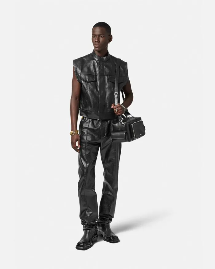 Leather Trousers Black Men Versace Pants and Shorts
