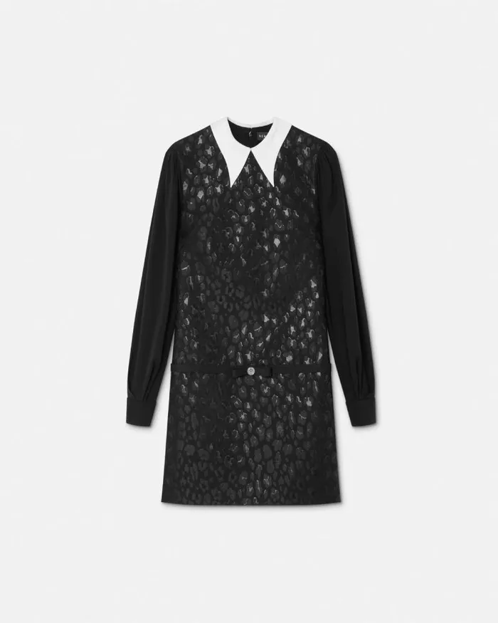 Leopard ContrastCollar Aline Dress Black Women Versace Dresses